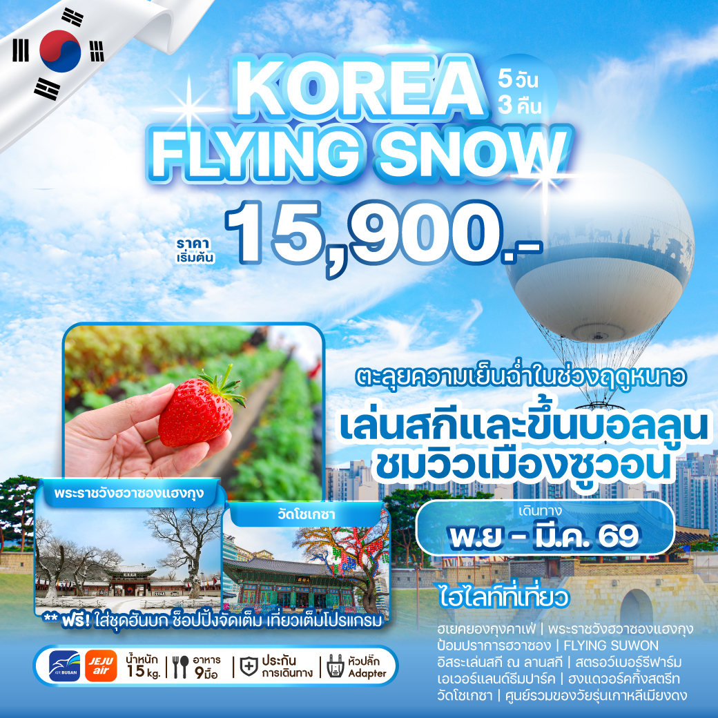 ทัวร์เกาหลี KOREA FLYING SNOW 5วัน 3คืน 7C / BX