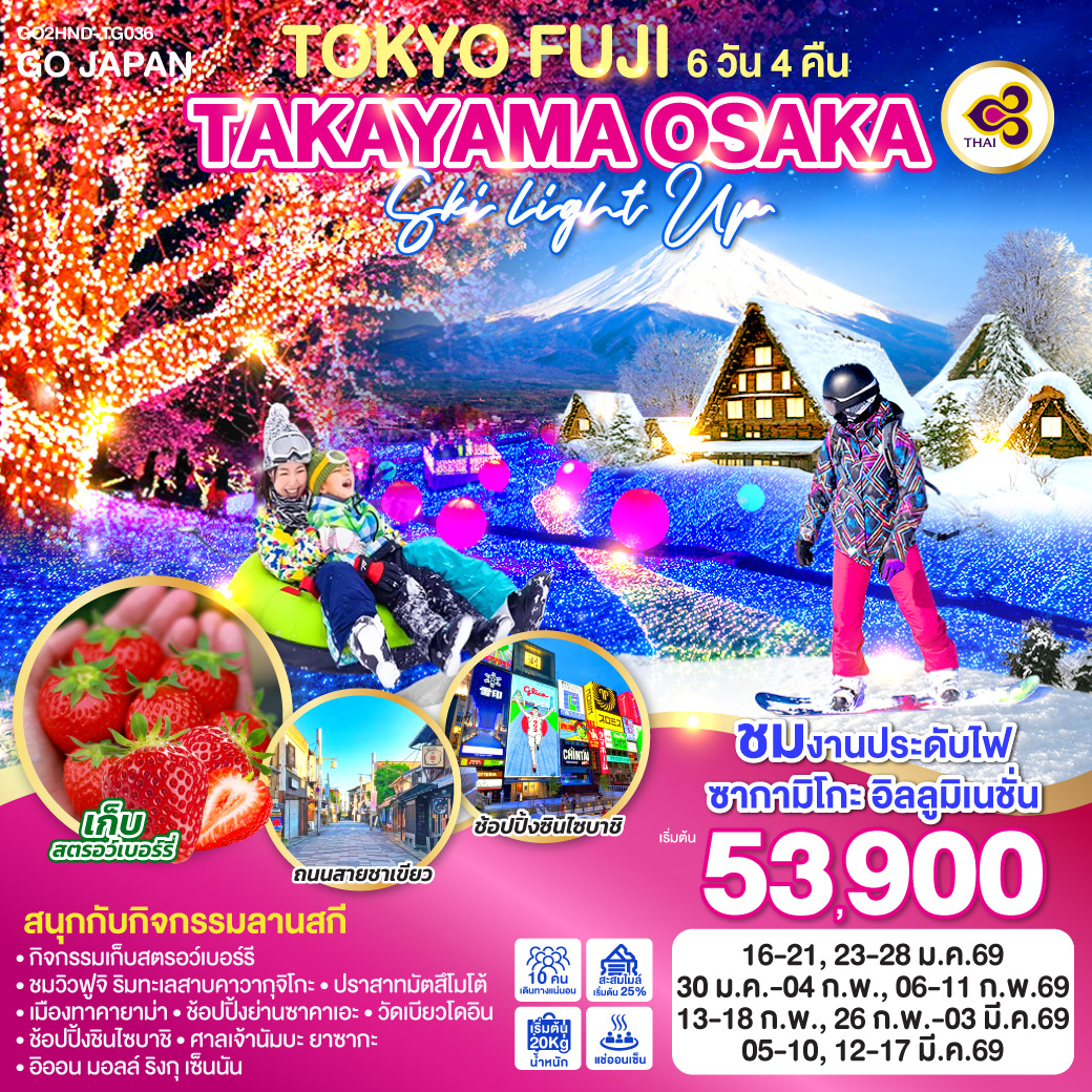 ทัวร์ญี่ปุ่น TOKYO FUJI TAKAYAMA OSAKA SKI LIGHT UP 6วัน 4คืน TG