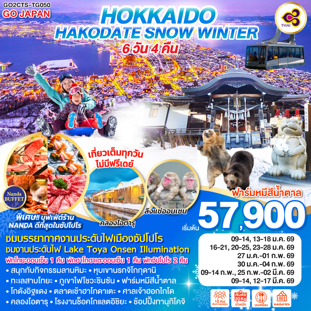 ทัวร์ญี่ปุ่น HOKKAIDO HAKODATE SNOW WINTER 6วัน 4คืน TG