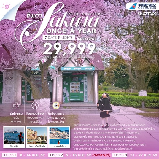 ทัวร์จีน ทัวร์คุณธรรม Sakura Once A Year ชิงเต่า เหยียนไถ เผิงไหล เว่ยไห่ 7วัน 5คืน CZ