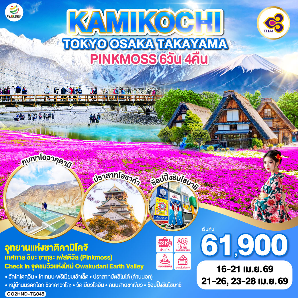 ทัวร์ญี่ปุ่น TOKYO OSAKA TAKAYAMA KAMIKOCHI PINKMOSS 6วัน 4คืน TG