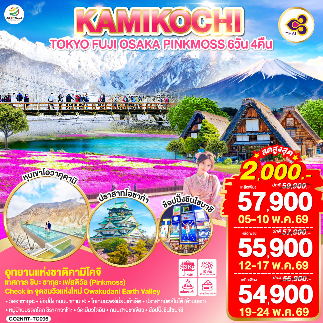 ทัวร์ญี่ปุ่น TOKYO FUJI OSAKA KAMIKOCHI PINKMOSS 6วัน 4คืน TG