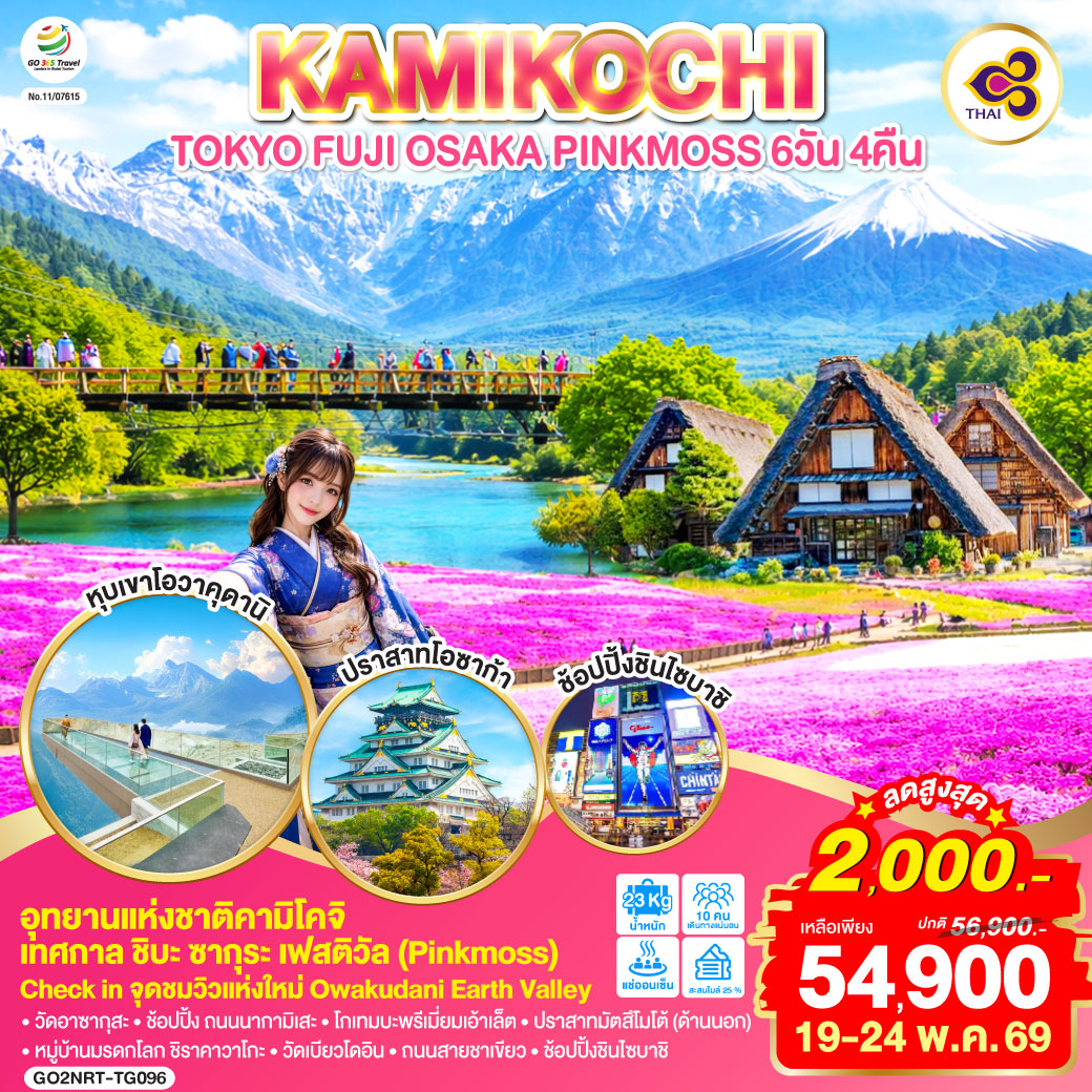 ทัวร์ญี่ปุ่น TOKYO FUJI OSAKA KAMIKOCHI PINKMOSS 6วัน 4คืน TG