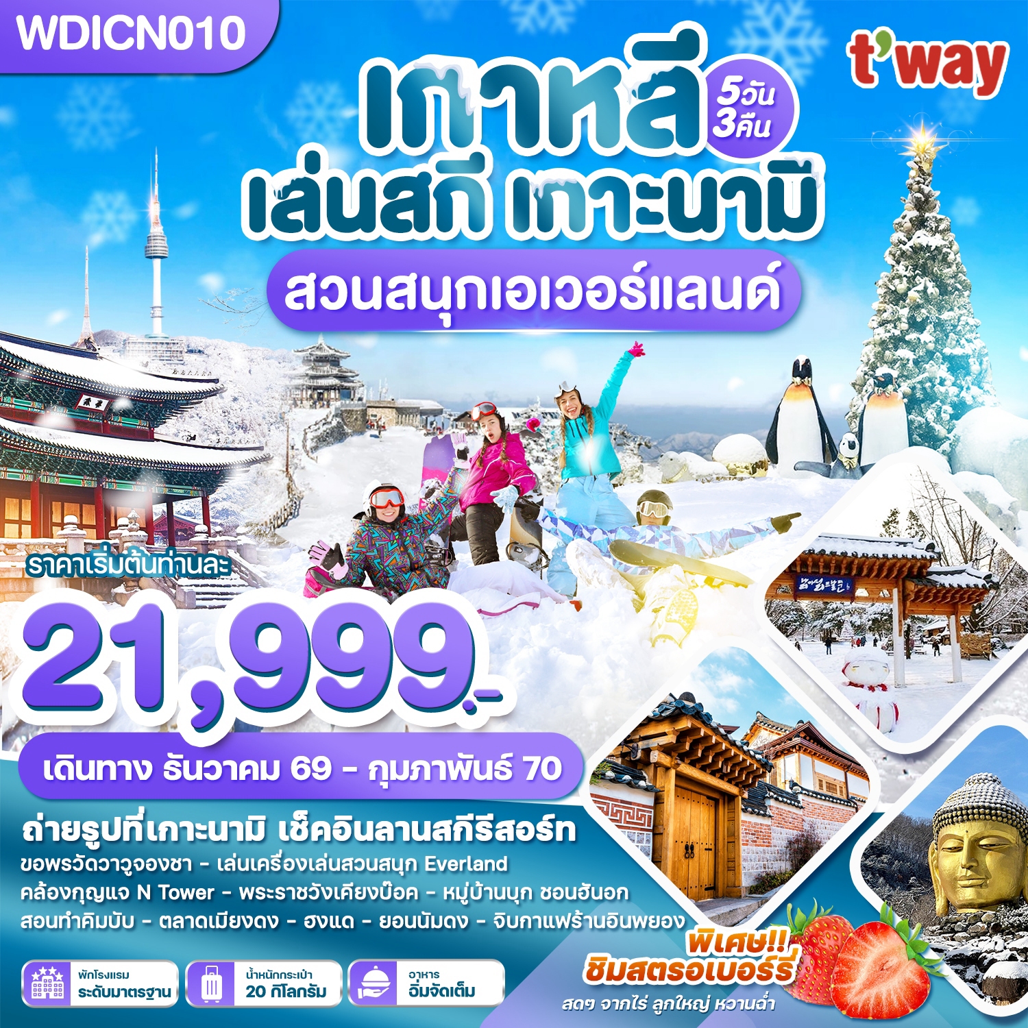 ทัวร์เกาหลี เกาหลี เล่นสกี เกาะนามิ เที่ยวปีใหม่!! สวนสนุกเอเวอร์แลนด์ 5วัน 3คืน TW