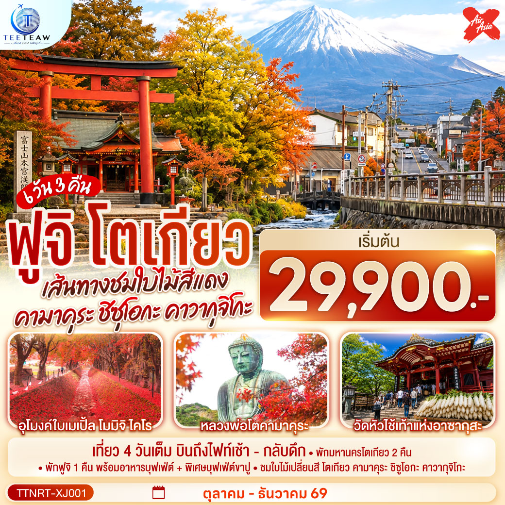 ทัวร์ญี่ปุ่น โตเกียว คามาคุระ ชิซุโอกะ คาวากุจิโกะ เส้นทางชมใบไม้สีแดง สู่ฟูจิ 6วัน 3คืน XJ