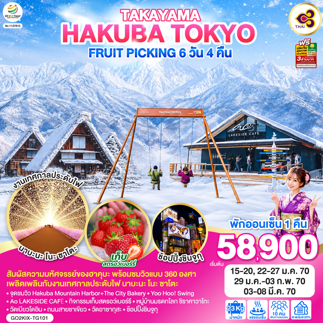 ทัวร์ญี่ปุ่น TAKAYAMA HAKUBA TOKYO FRUIT PICKING 6วัน 4คืน TG